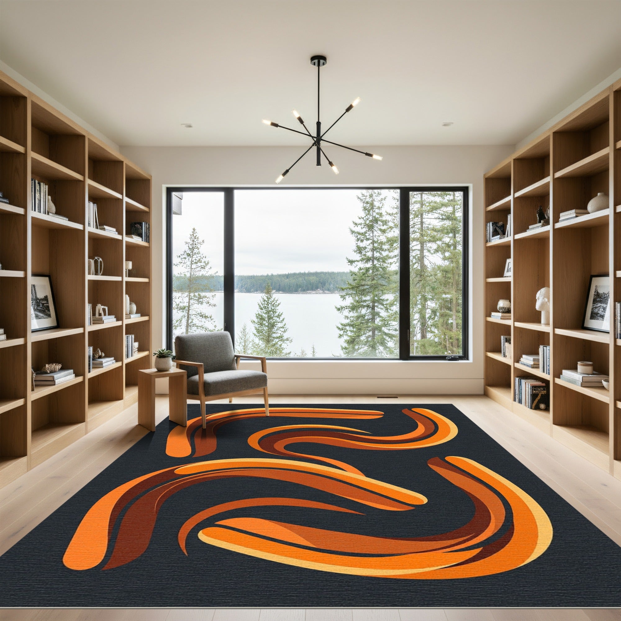Dynamic Orange Swirl Ribbon Composition Rug