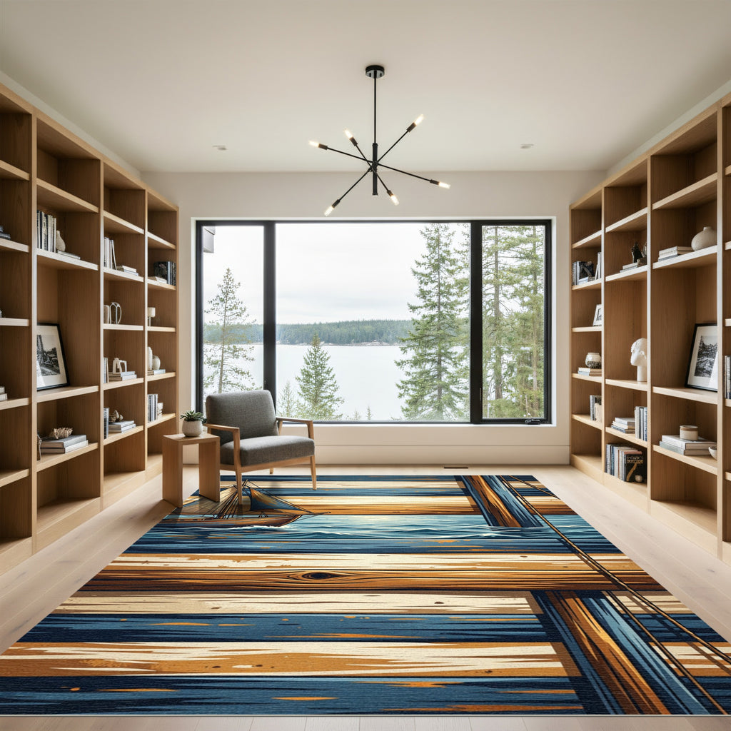 Nautical Sailboat Wood Grain Stripes Rug