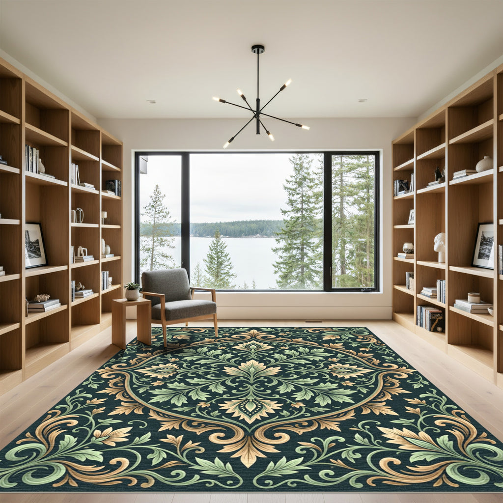 Elegant Sage and Gold Scrolling Medallion Rug