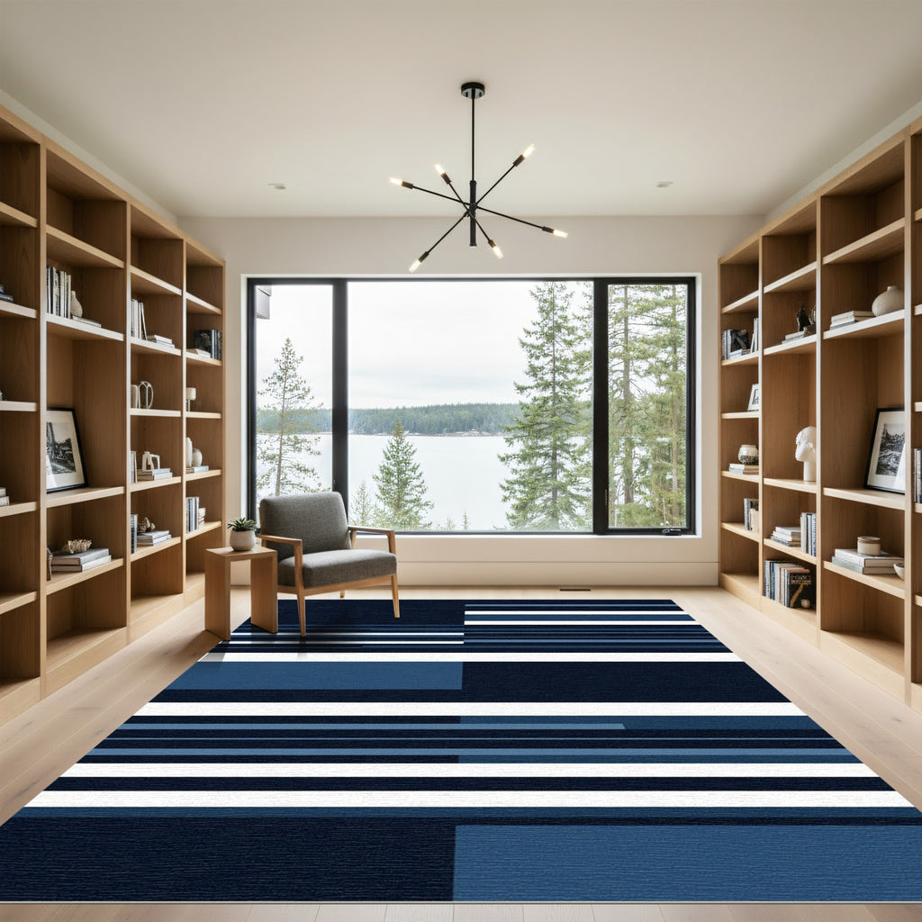 Minimalist Navy and White Geometric Stripe Rug