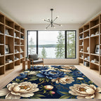 Navy and Cream Peony Floral Bloom Rug