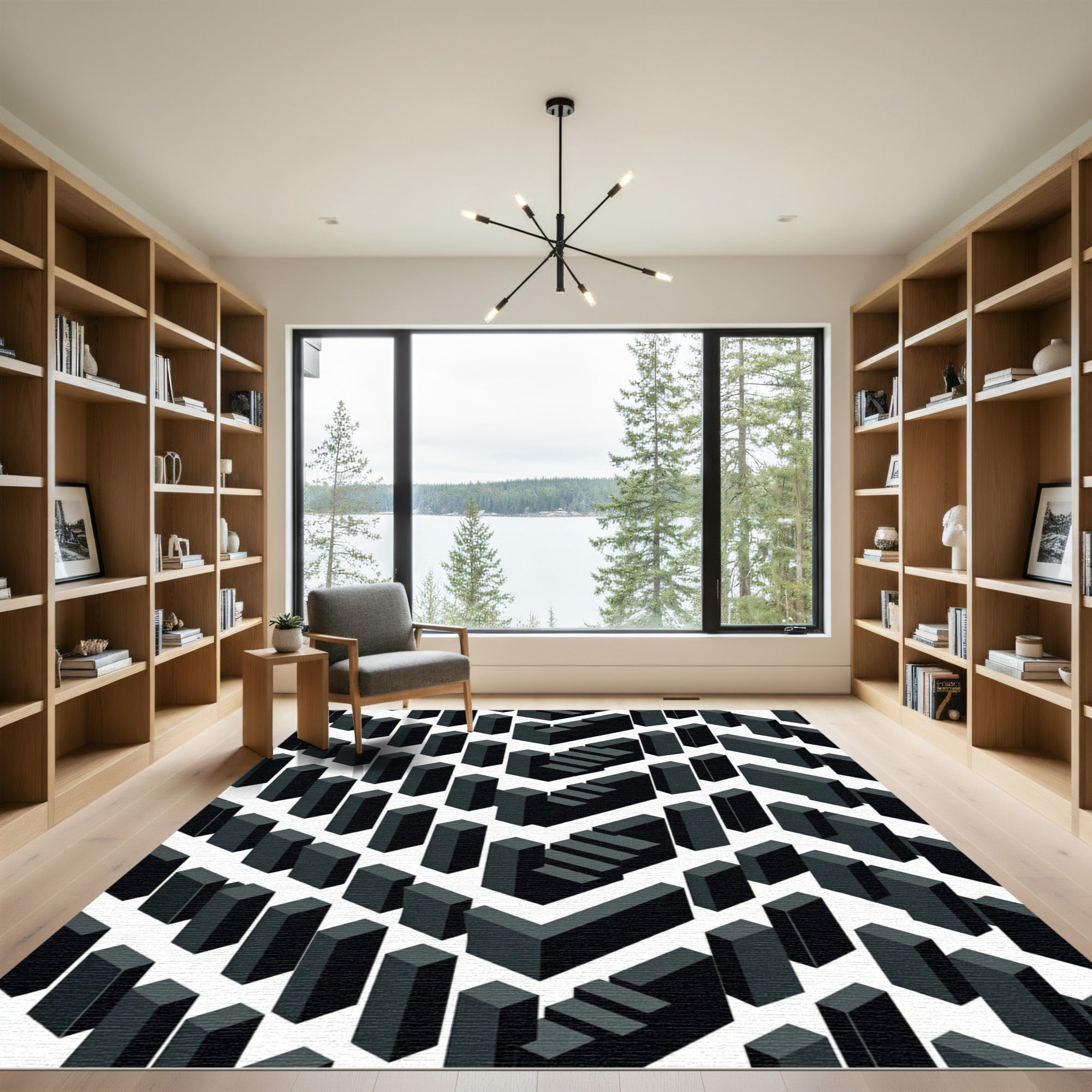 Geometric Dark Gray Cubes and Stairs Rug