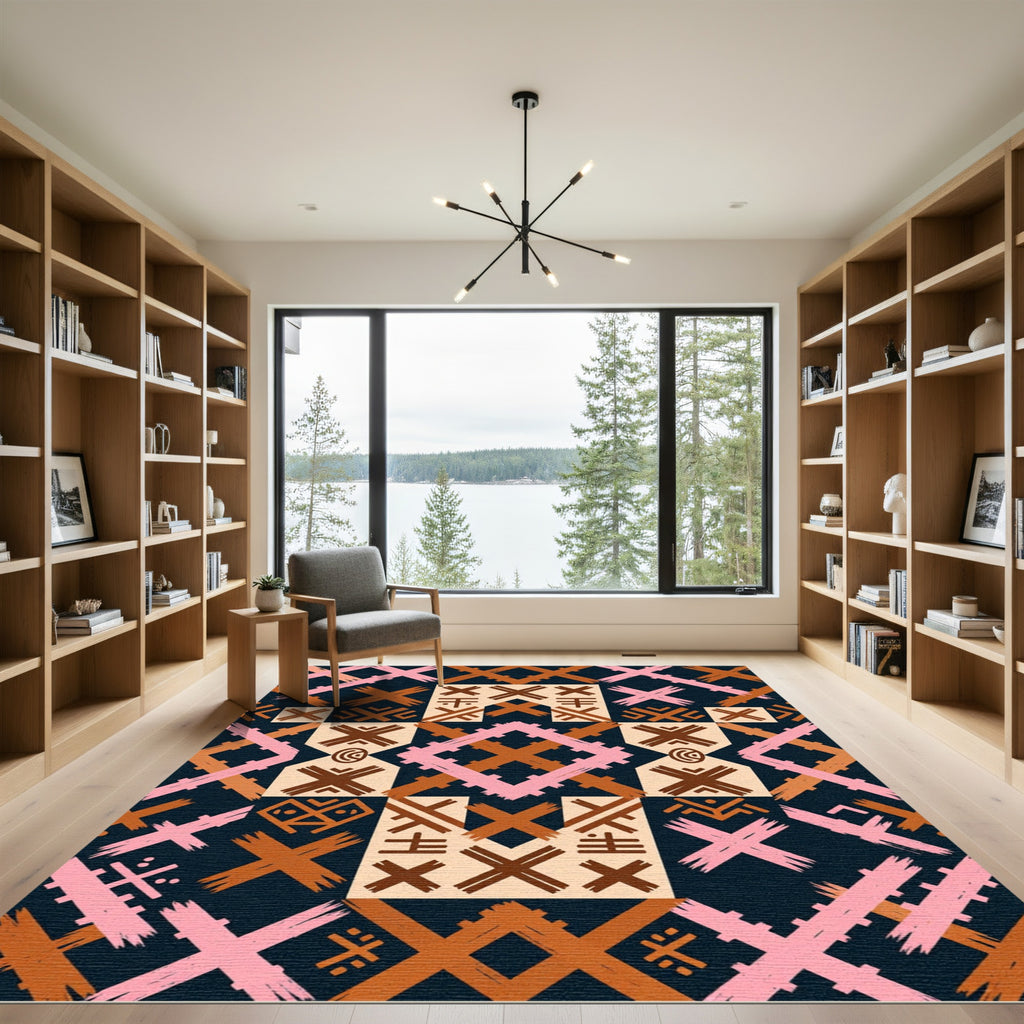 Pink Brown Geometric Tribal X Rug
