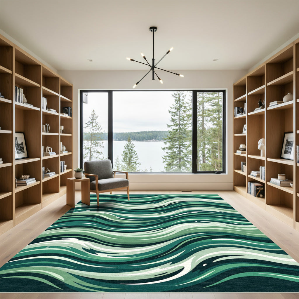 Emerald Green Abstract Wave Rug