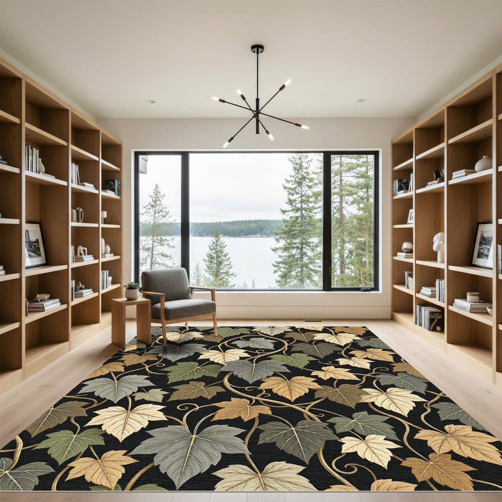 Elegant Botanical Ivy Vine Black Rug