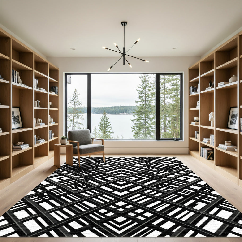 Black White Interlocking Grid Rug