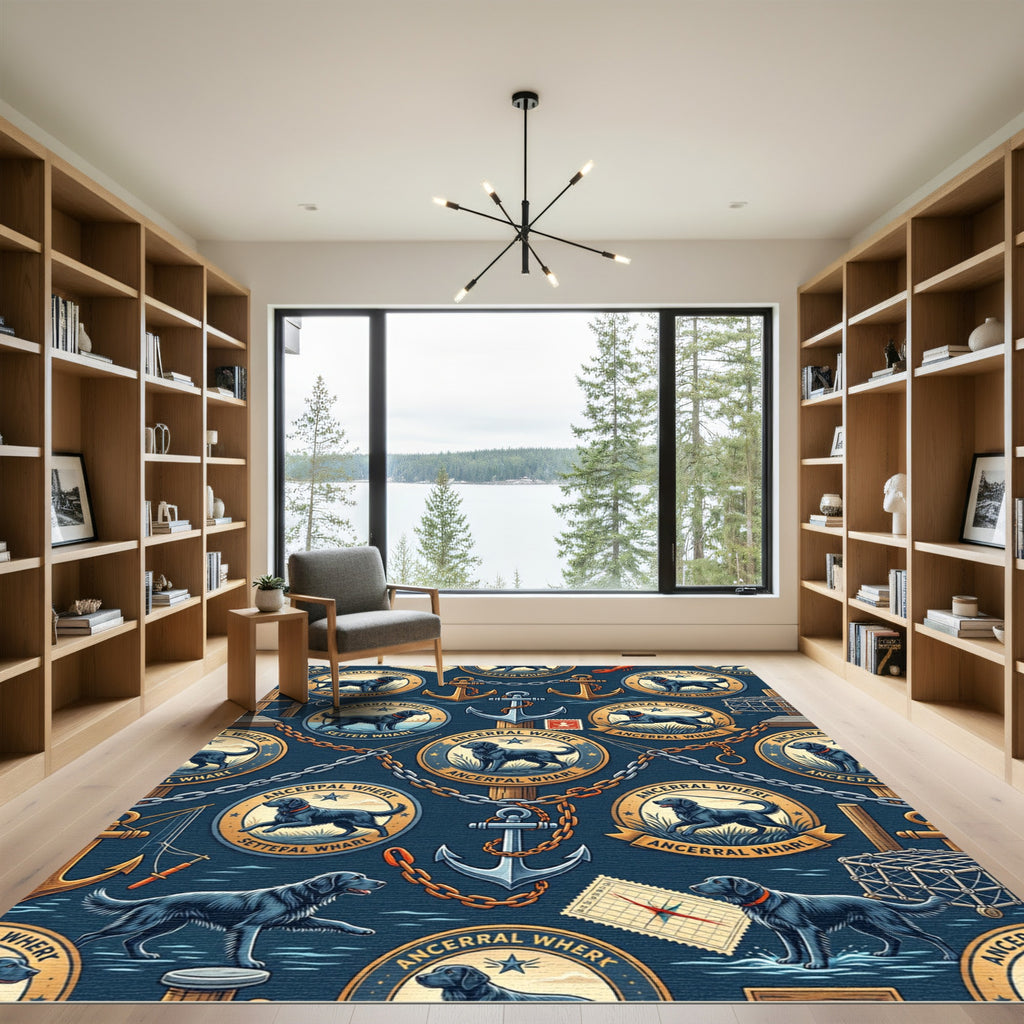 Coastal Nautical Labrador Anchor Navy Mural Rug