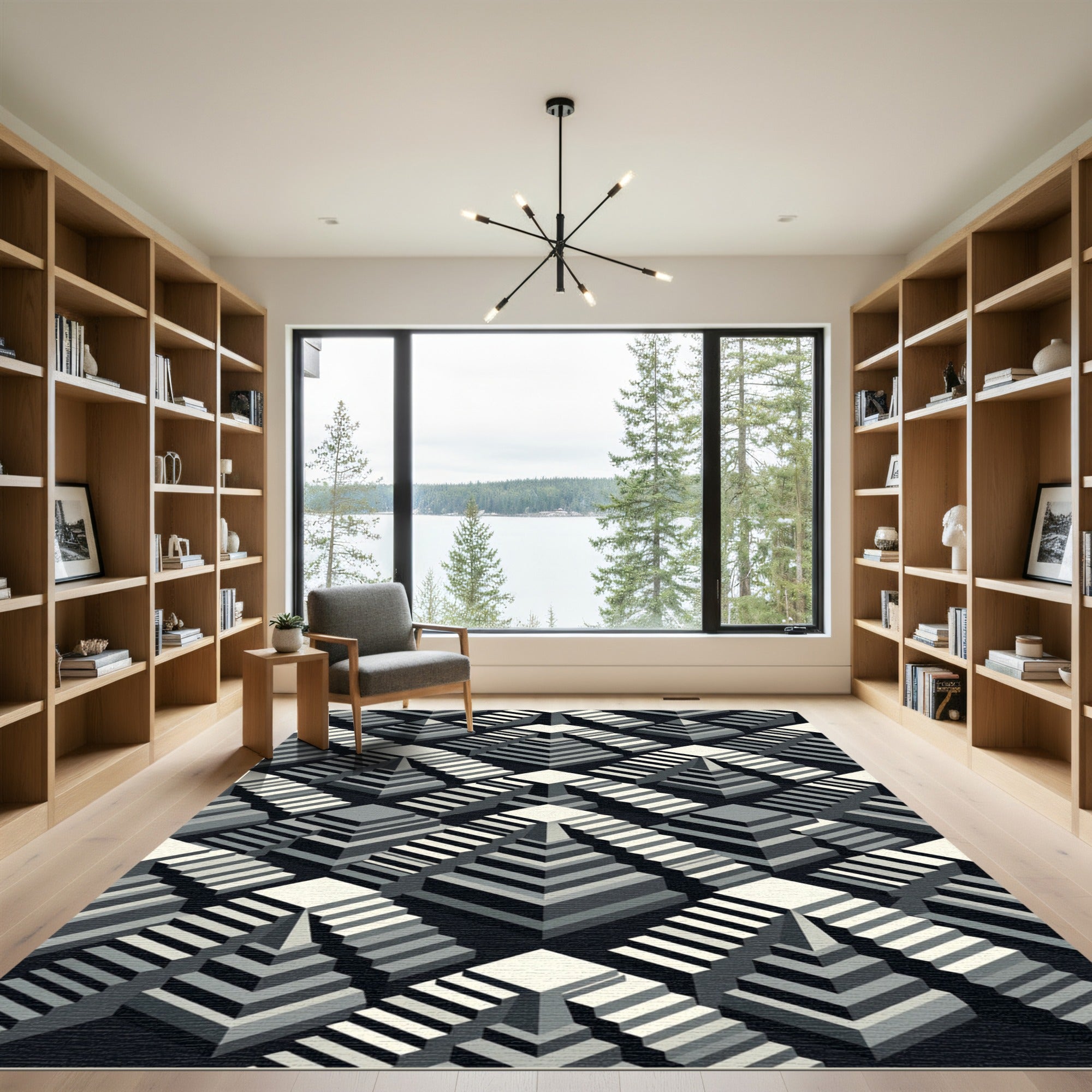 Monochrome Isometric Staircase Illusion Rug