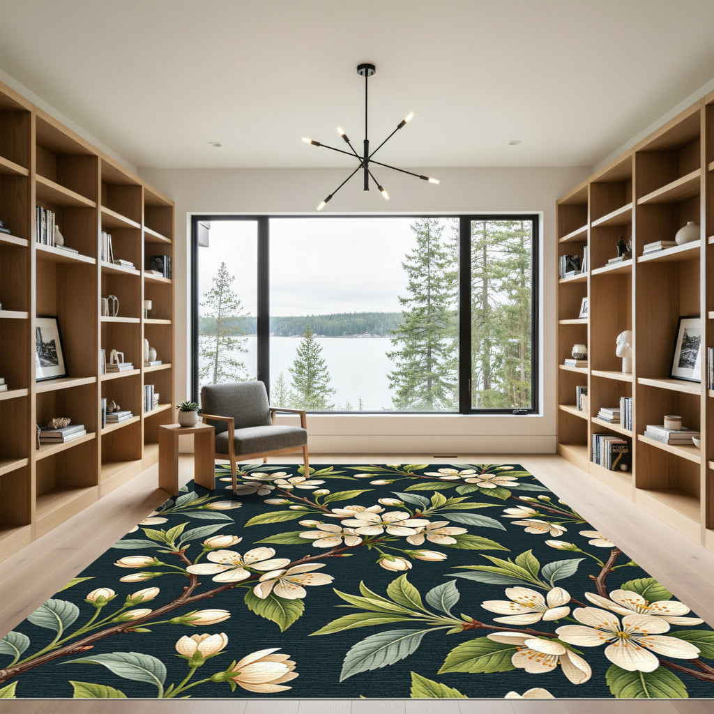 Elegant White Cherry Blossom Dark Teal Rug