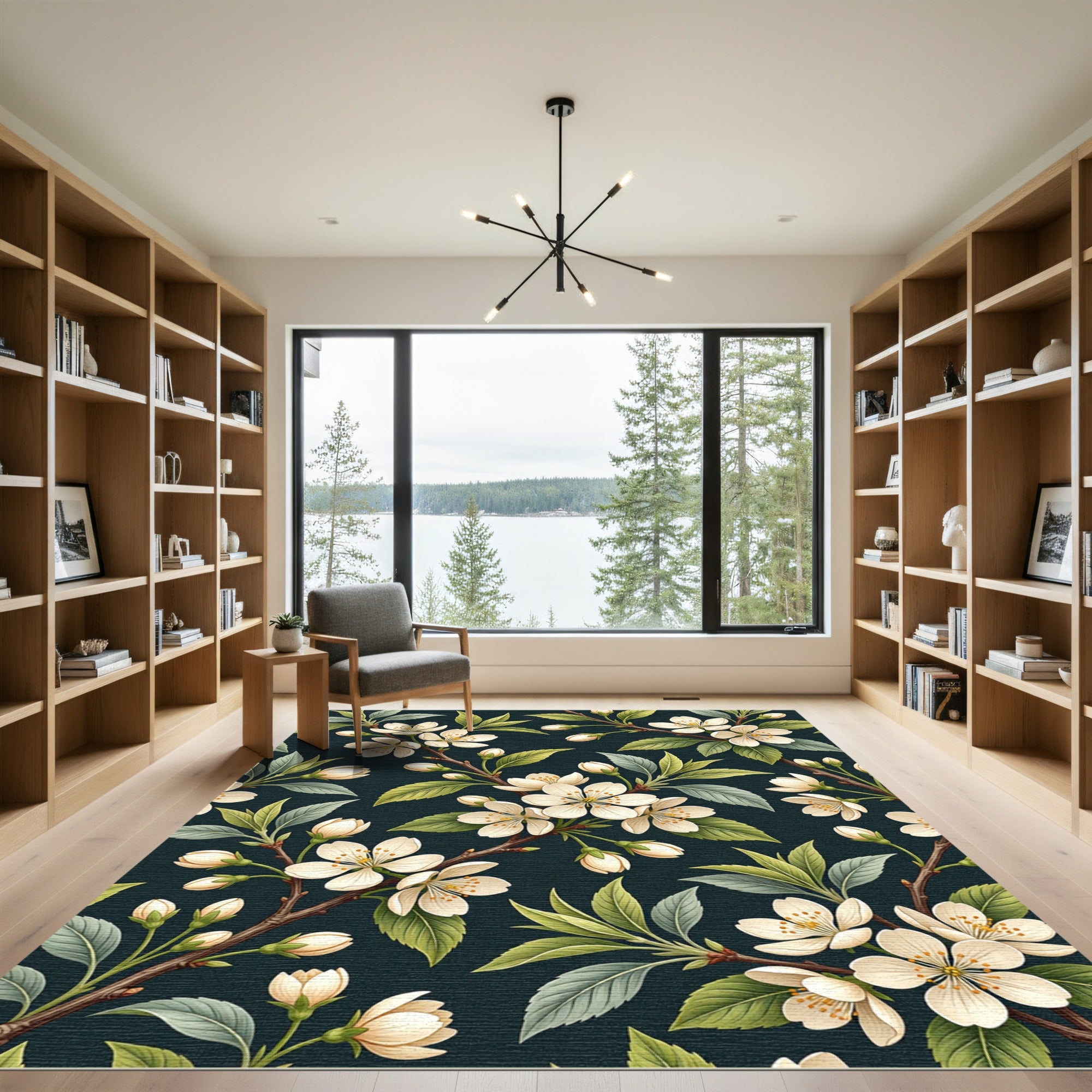 Elegant White Cherry Blossom Dark Teal Rug