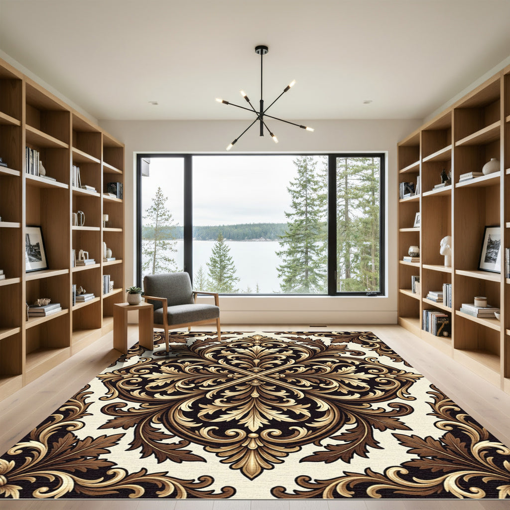 Elegant Cream and Bronze Damask Filigree Rug