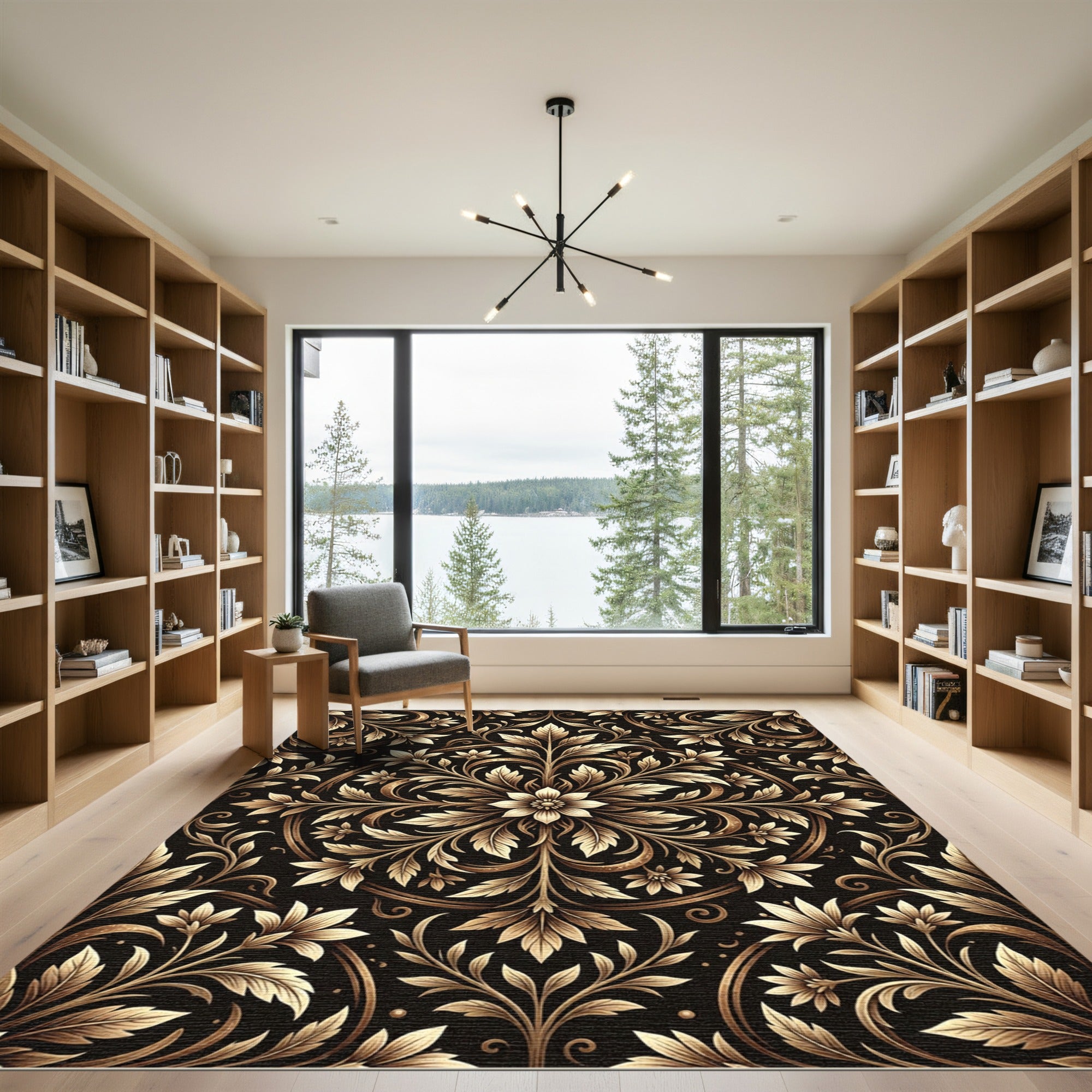 Ornate Gold Floral Scrolling Black Rug