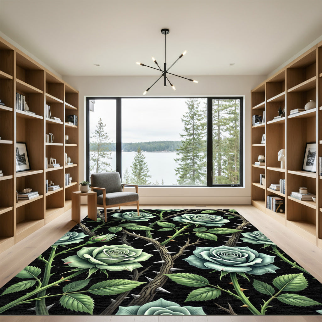 Sage Green Rose Thorns Botanical Arrangement Rug