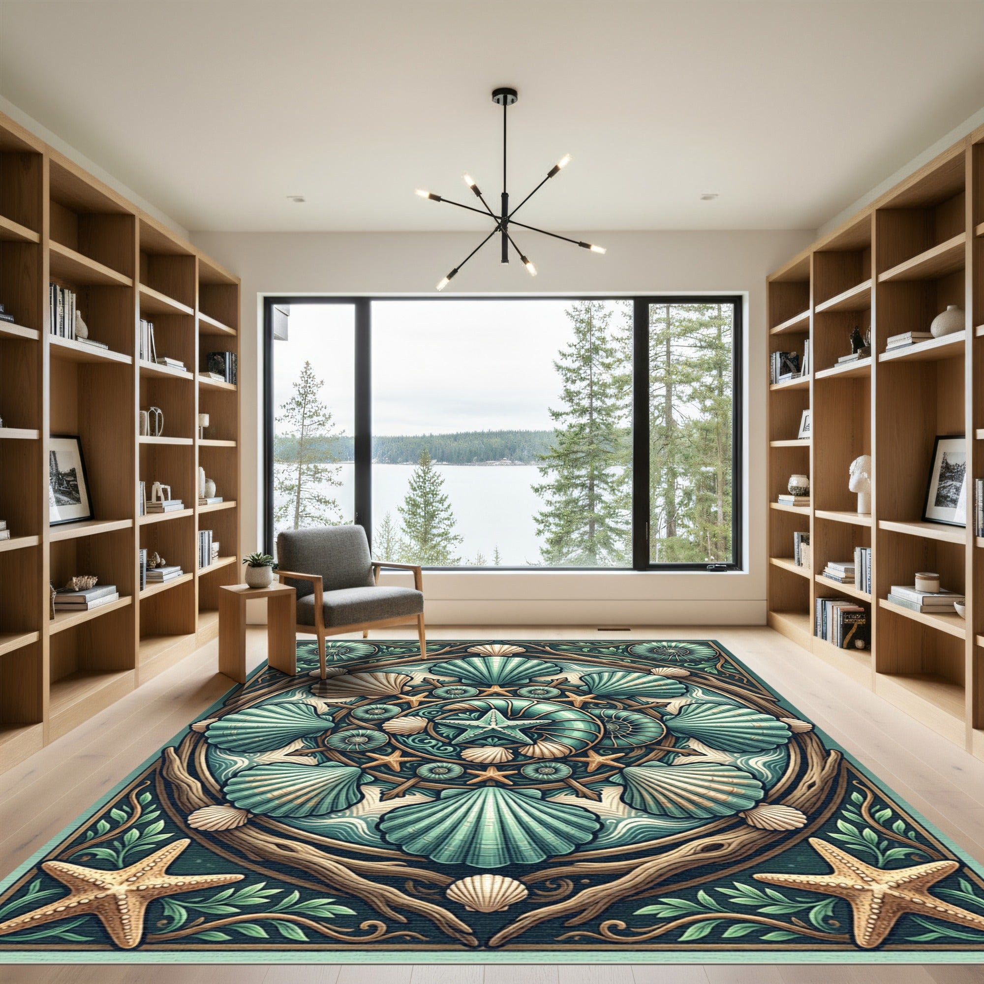 Coastal Teal Shell And Starfish Mandala Rug