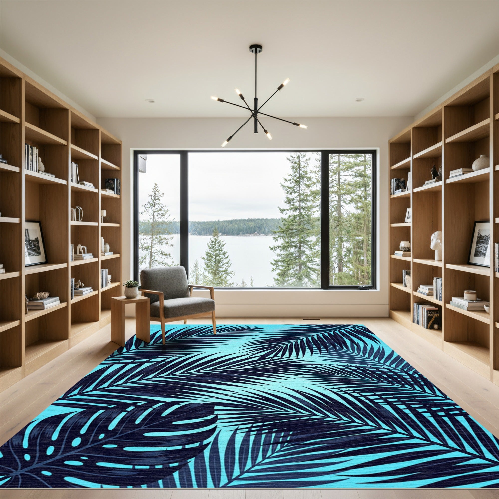 Lush Cyan Tropical Palm Leaf Rug