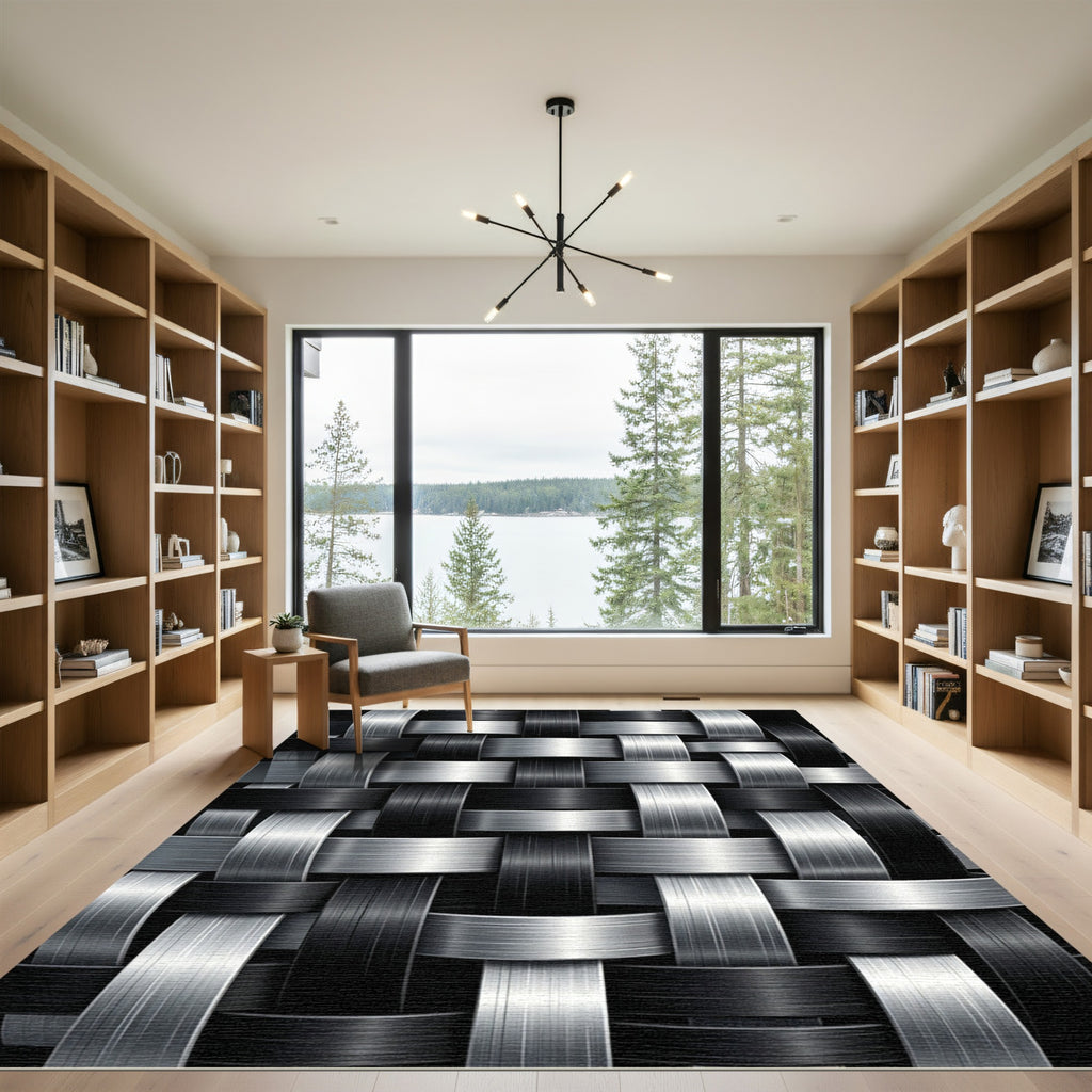 Monochromatic Silver and Black Woven Link Rug