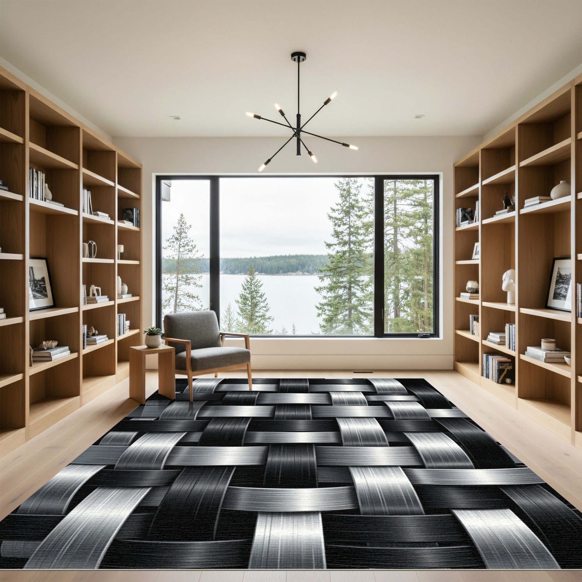 Monochromatic Silver and Black Woven Link Rug