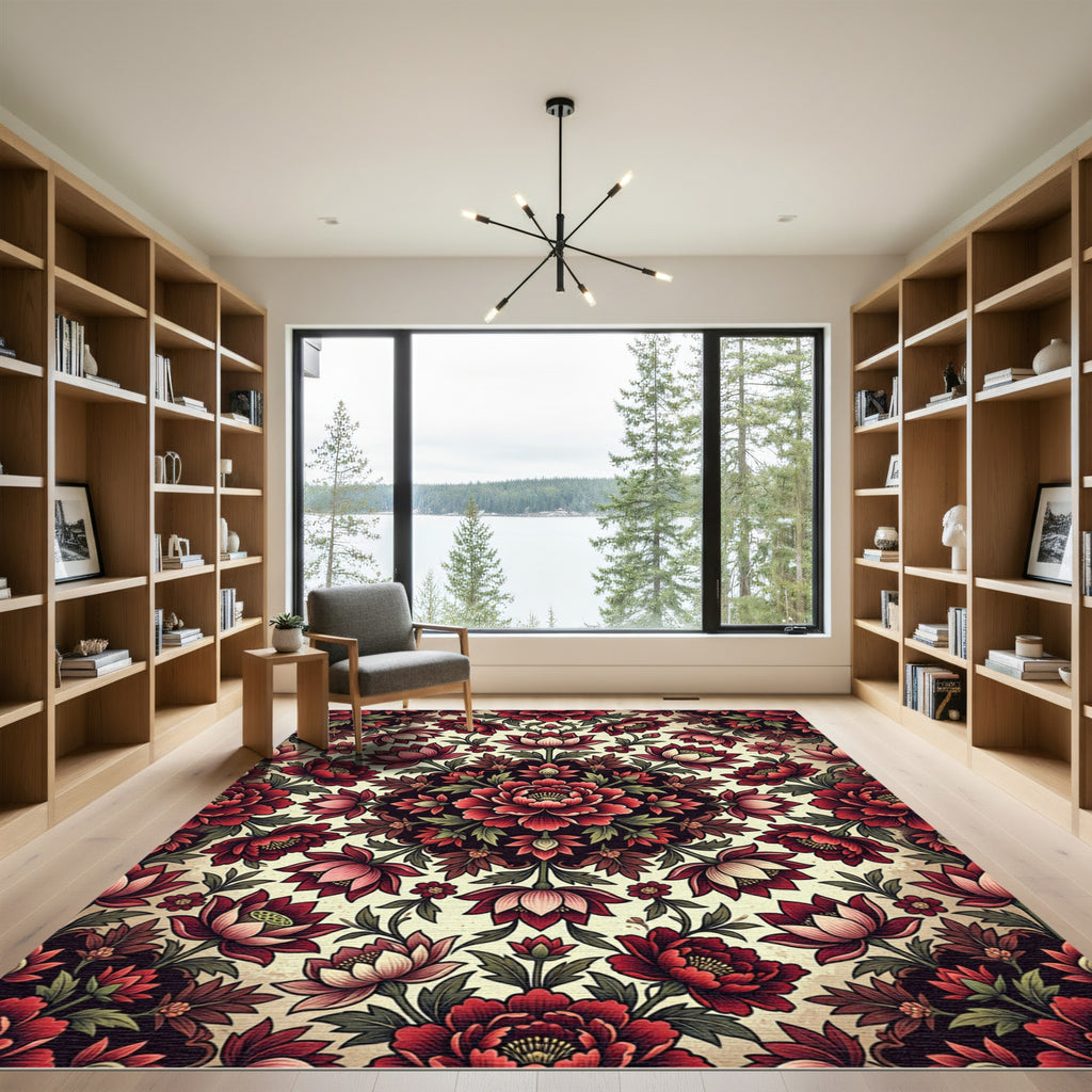 Crimson Peony Floral Medallion Garden Rug