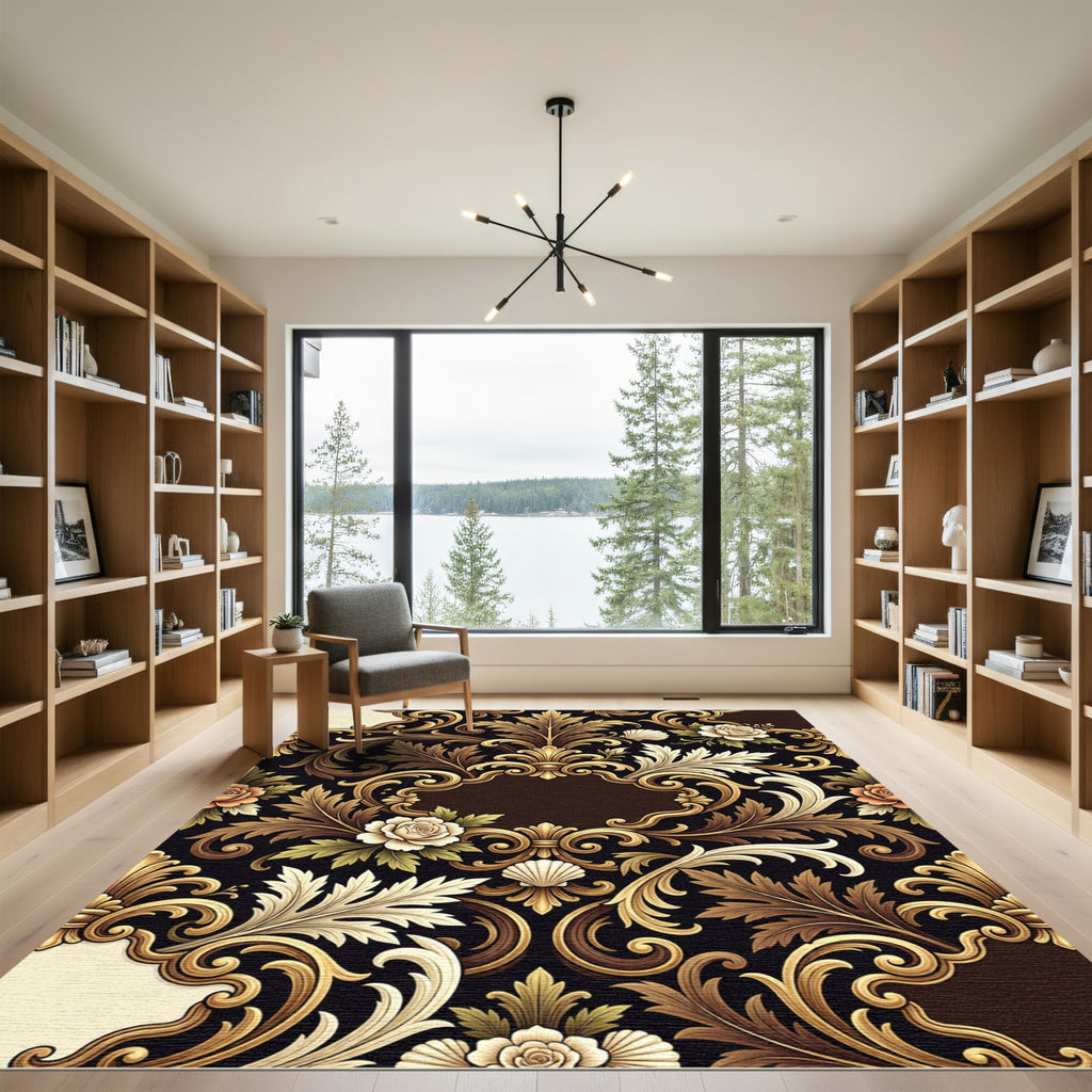 Opulent Gold Baroque Floral Scroll Rug