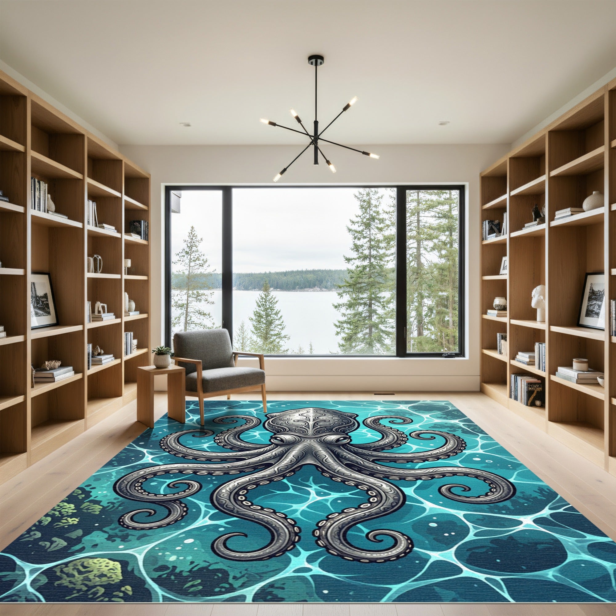 Ornate Silver Octopus Ocean Teal Art Rug