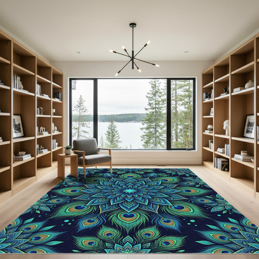 Vibrant Peacock Feather Blue Mandala Rug