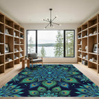 Vibrant Peacock Feather Blue Mandala Rug