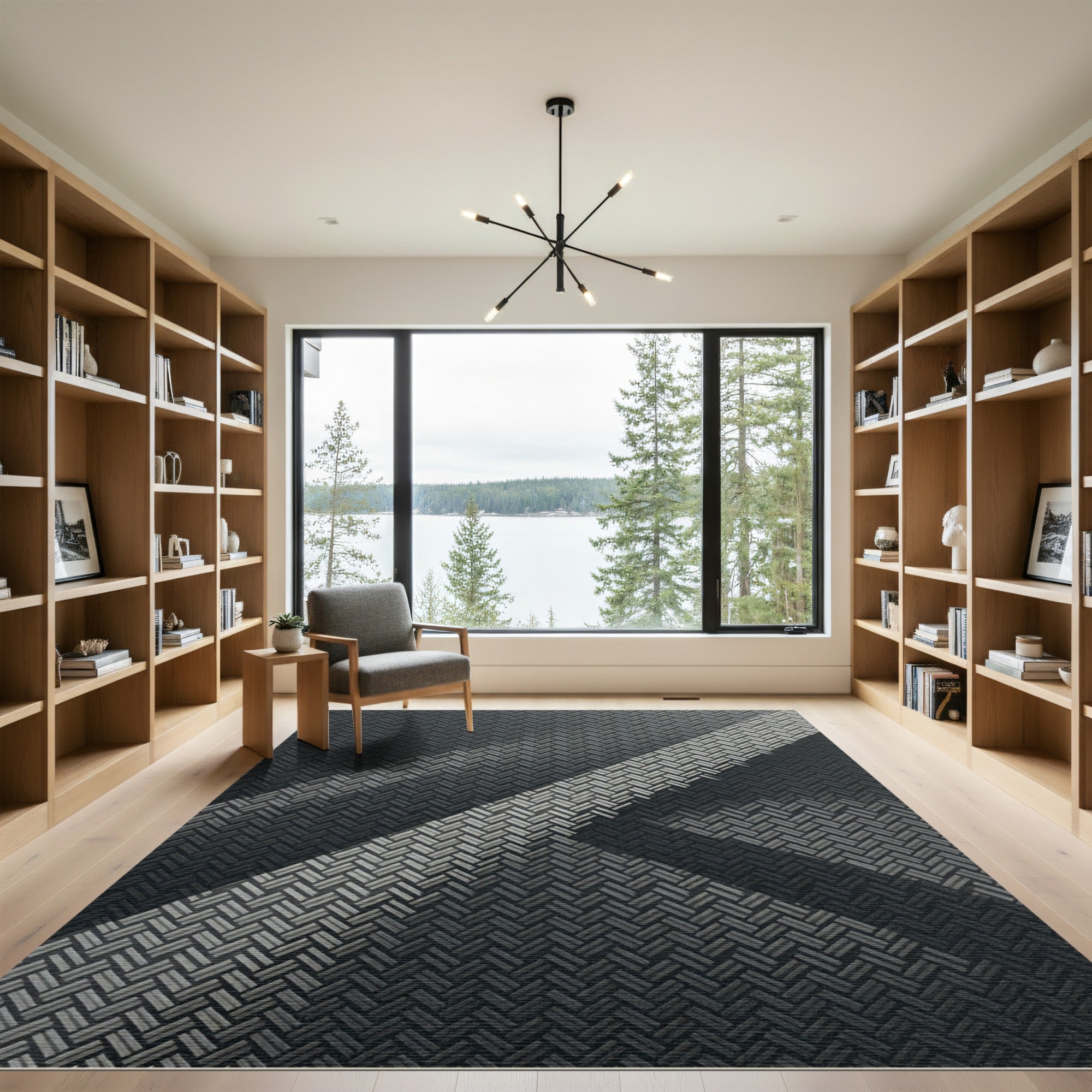 Modern Monochrome Geometric Interlocking Grid Rug