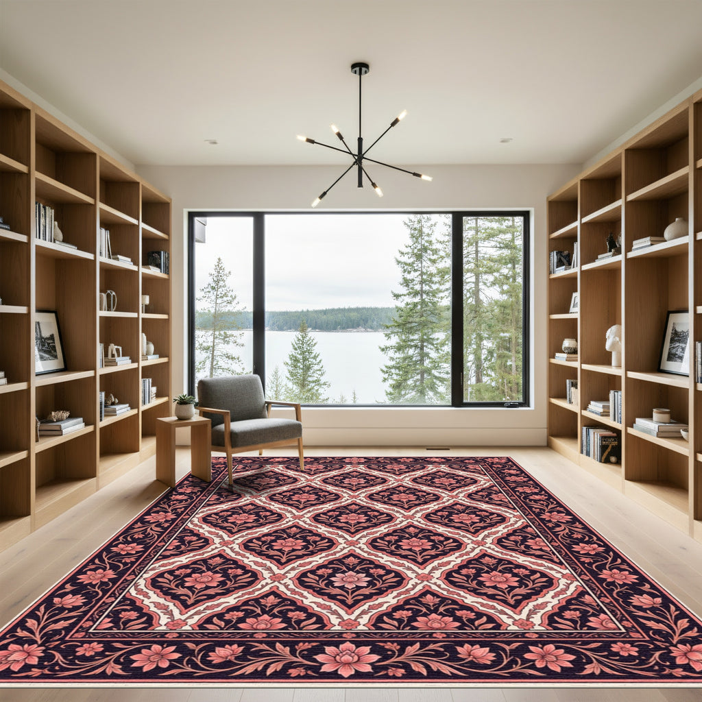 Deep Navy Coral Floral Lattice Rug