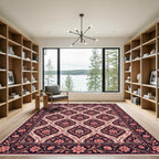 Deep Navy Coral Floral Lattice Rug
