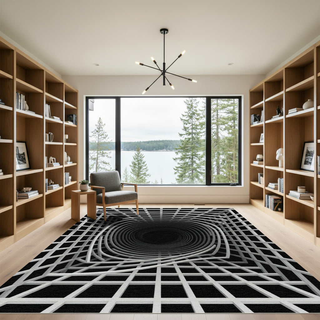 Monochrome Abstract Optical Vortex Grid Rug
