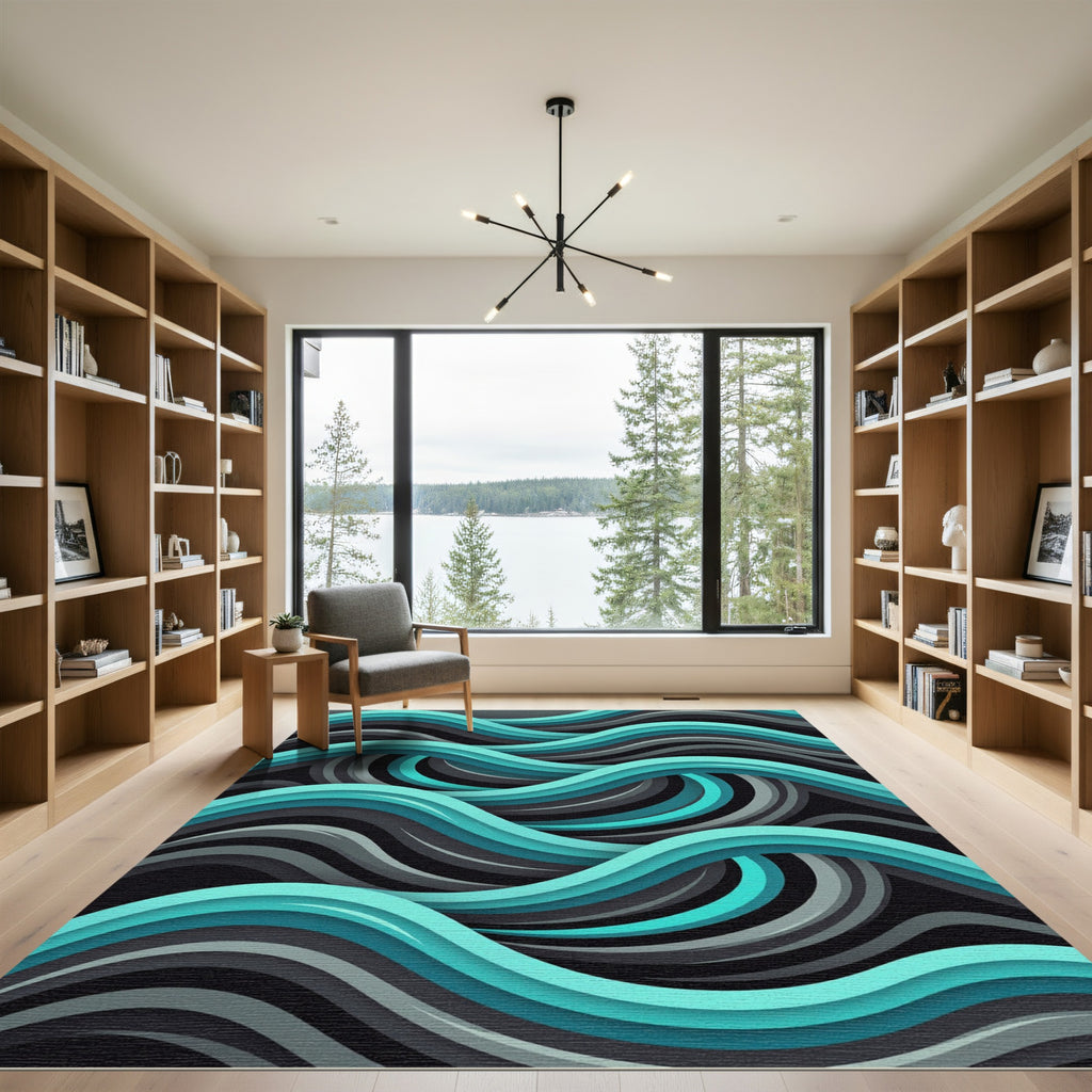Abstract Teal and Charcoal Fluid Wave Rug