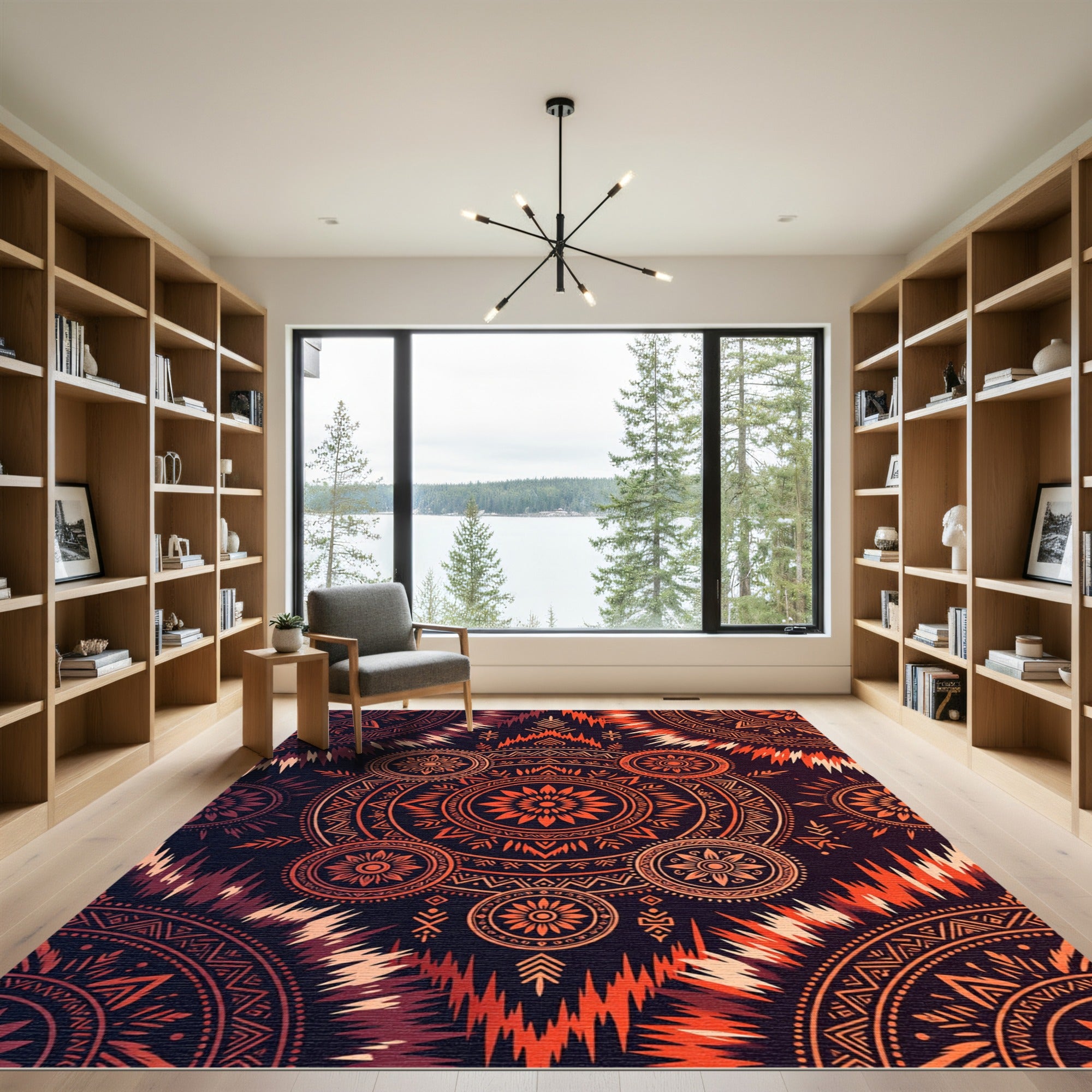 Fiery Orange Tribal Sunburst Mandala Rug