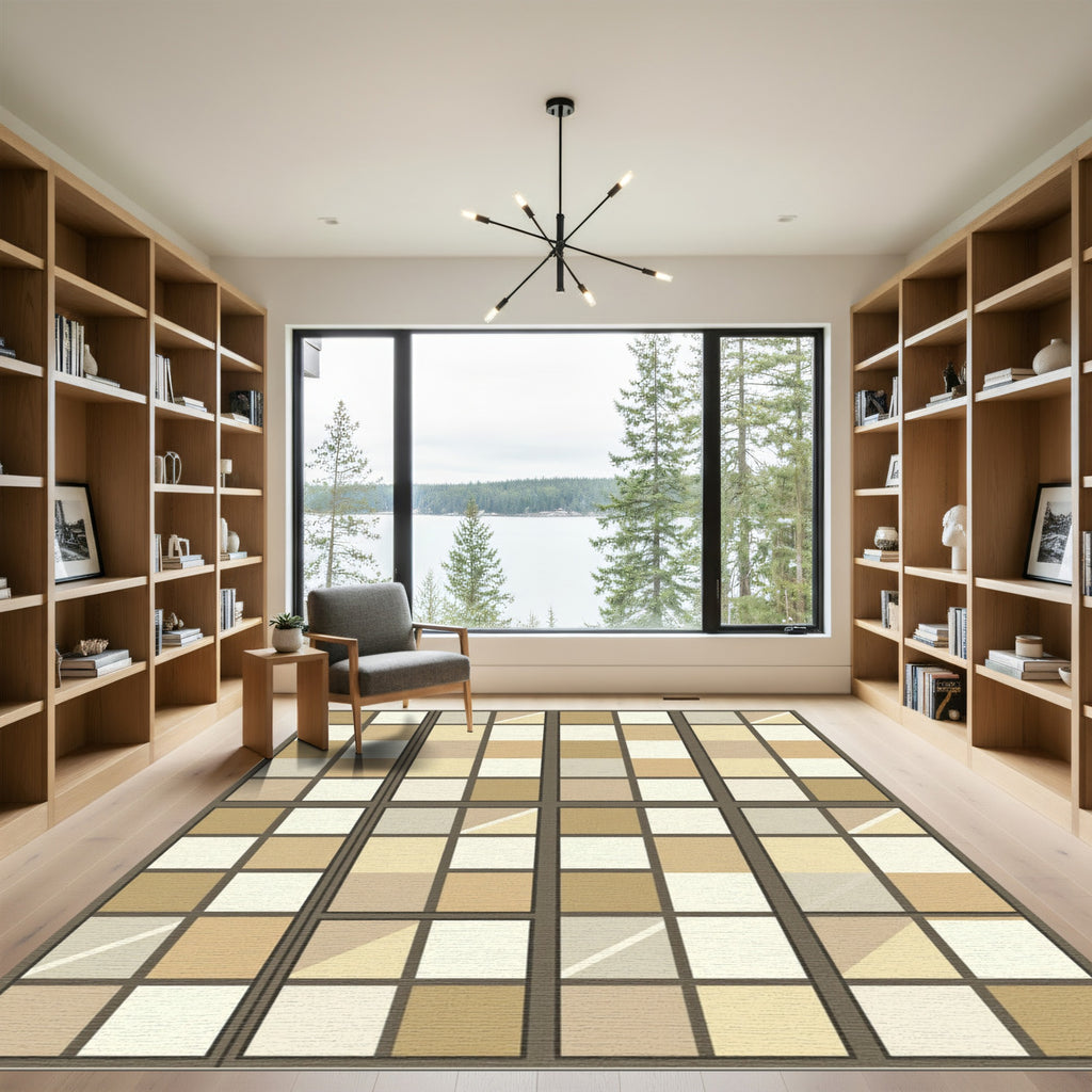 Soft Warm Neutral Square Grid Rug