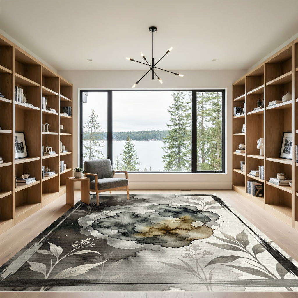 Monochrome Floral Ink Wash Art Rug