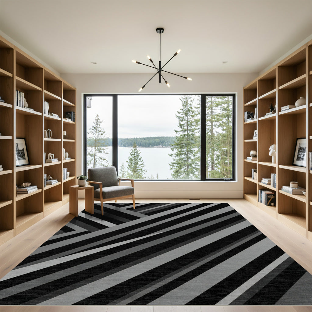 Modern Monochrome Angular Striped Rug