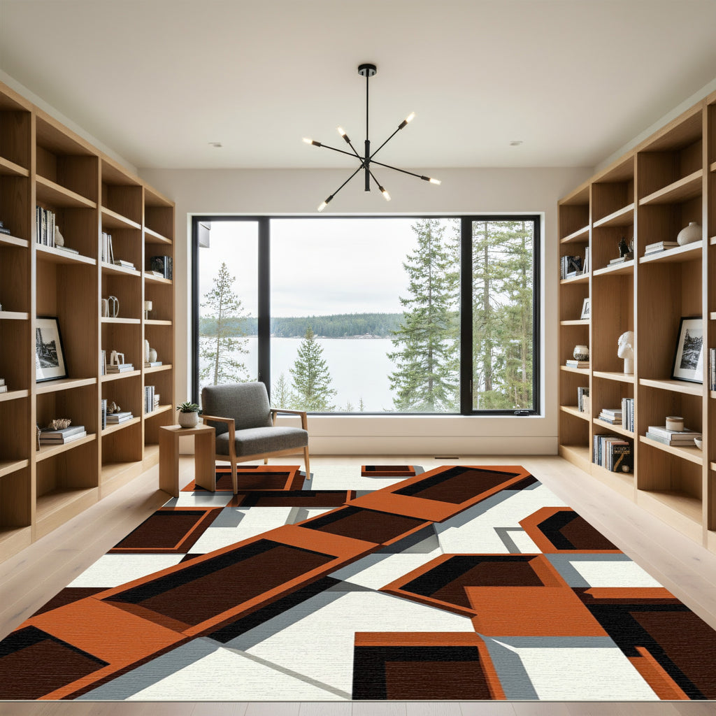 Bold Terracotta Geometric Architectural Block Rug