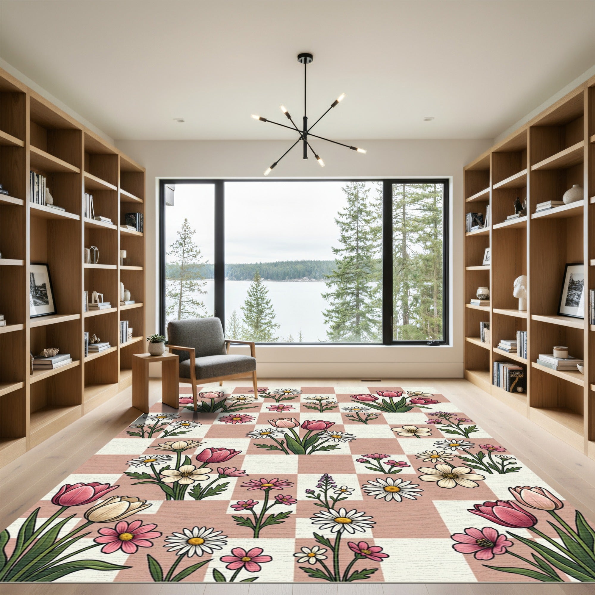 Blush Pink Checkered Floral Meadow Rug