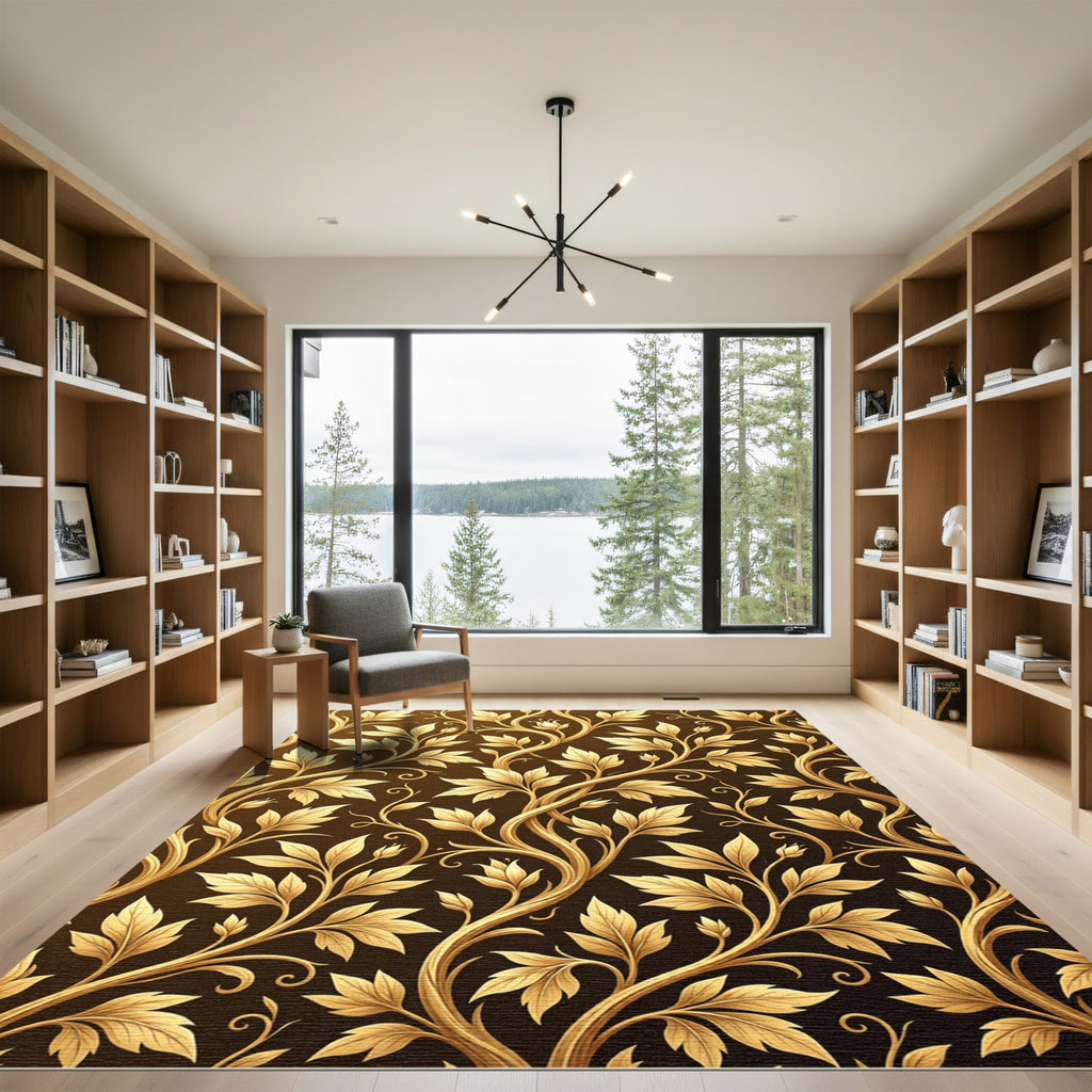 Golden Ornate Foliage Swirls on Bronze Rug