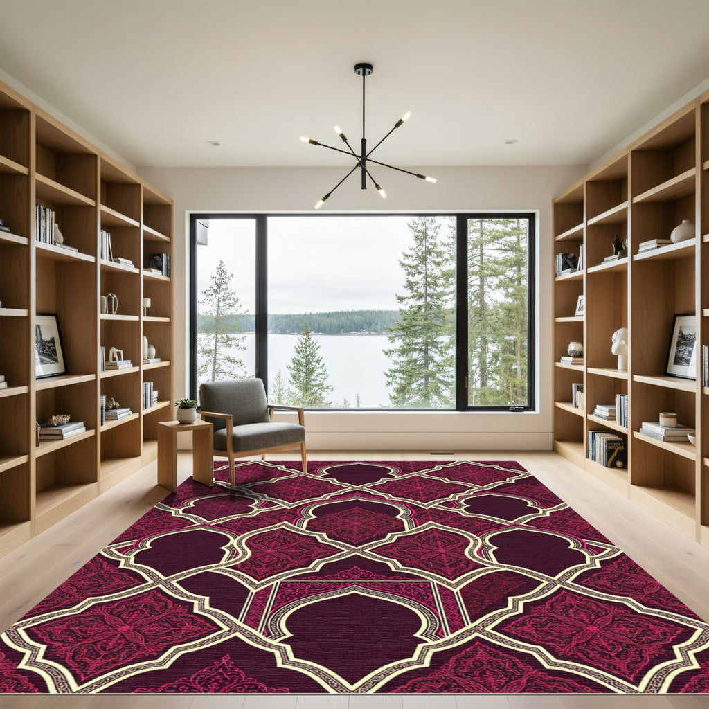 Deep Burgundy Floral Damask Lattice Rug
