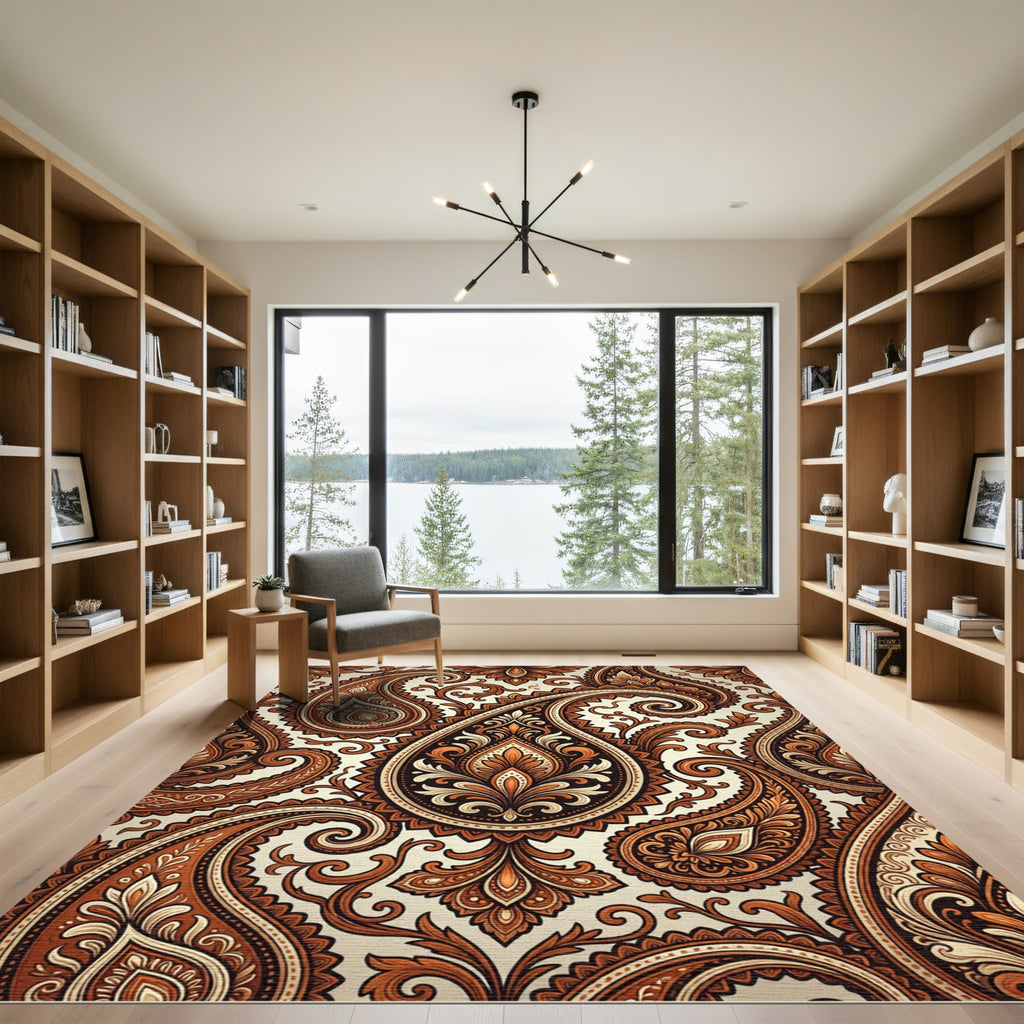 Ornate Golden Brown Paisley Swirl Rug