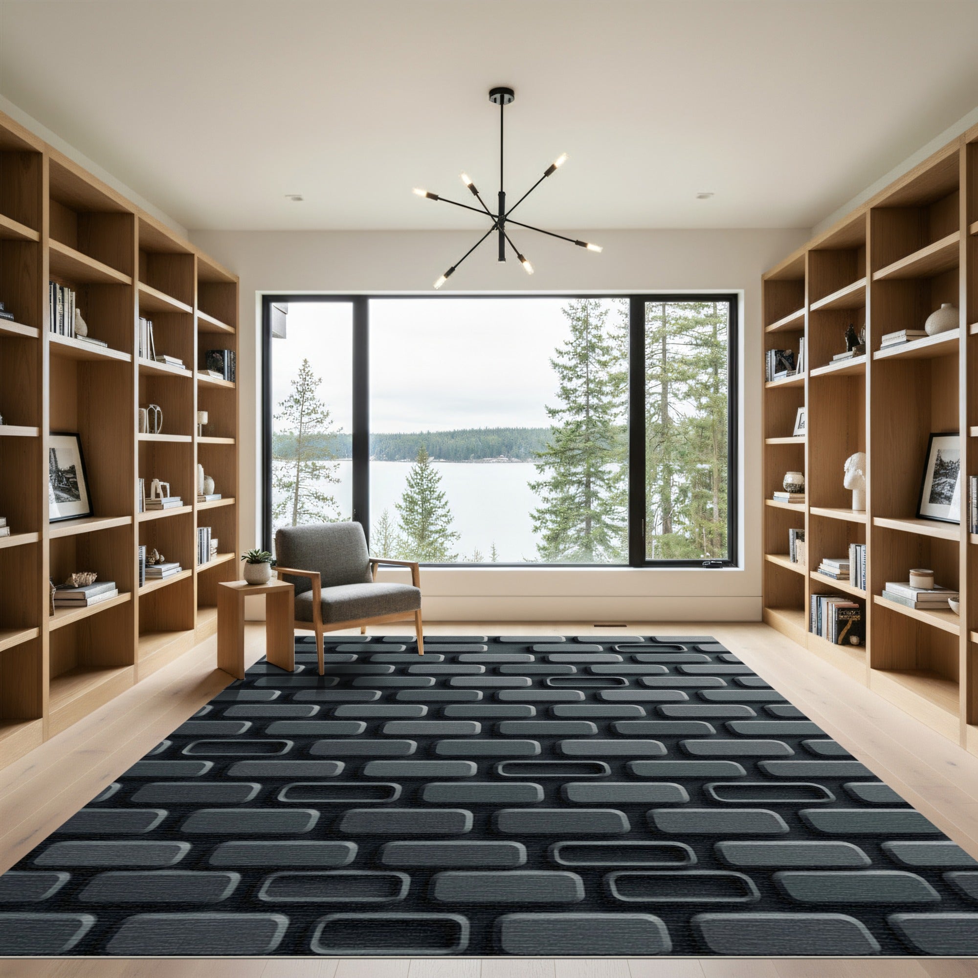 Modern Slate Geometric Rectangular Grid Rug
