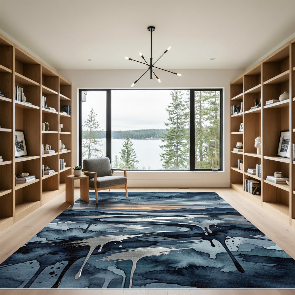 Moody Indigo Watercolor Landscape Runner Rug