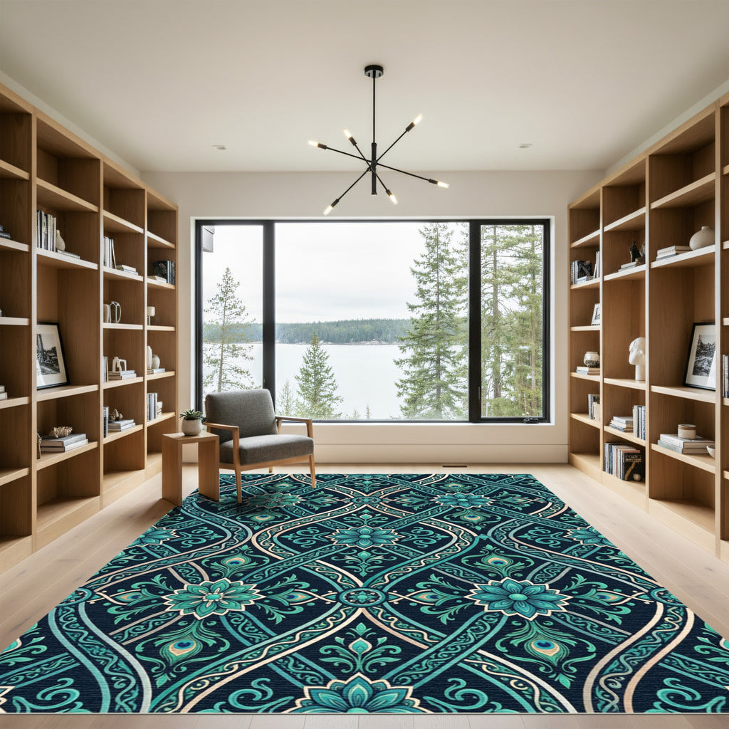 Teal Peacock Damask Floral Scroll Rug
