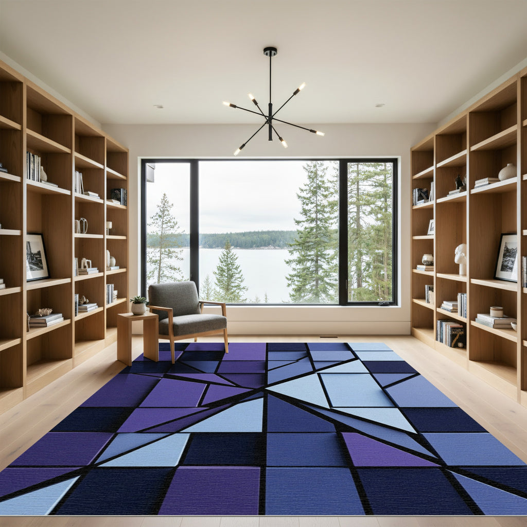 Modern Indigo Geometric Square Block Rug