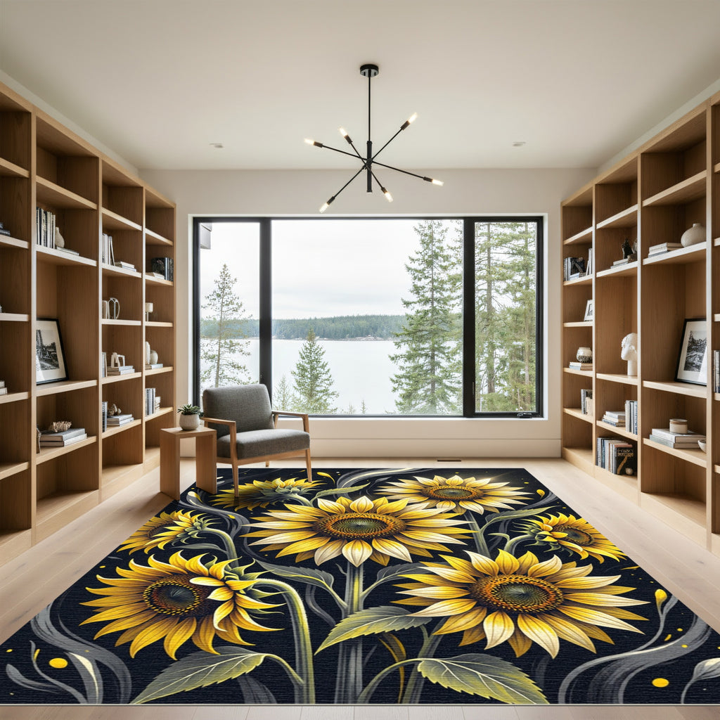 Vibrant Golden Sunflower Floral Art Rug