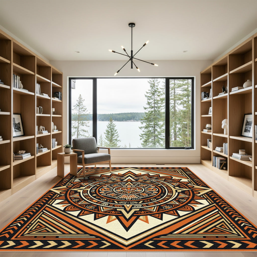 Aztec Sun Burnt Orange Geometric Medallion Rug