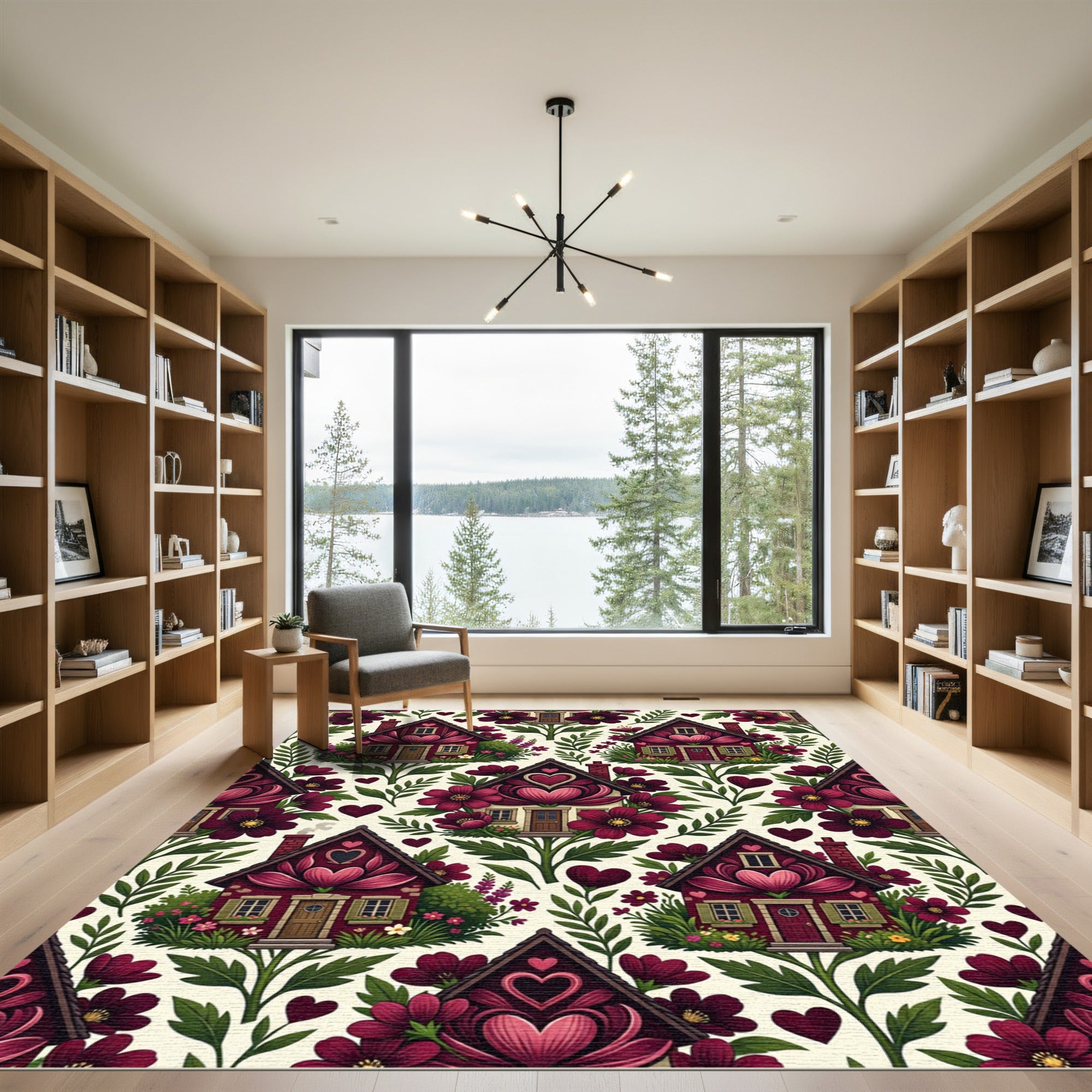 Crimson Floral Houses Heart Garden Rug