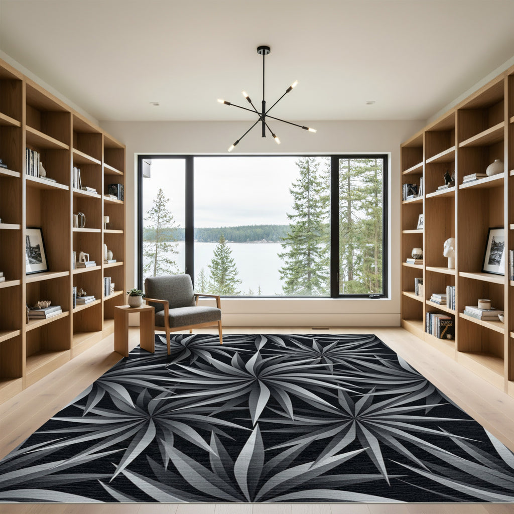 Modern Monochrome Botanical Starburst Art Rug
