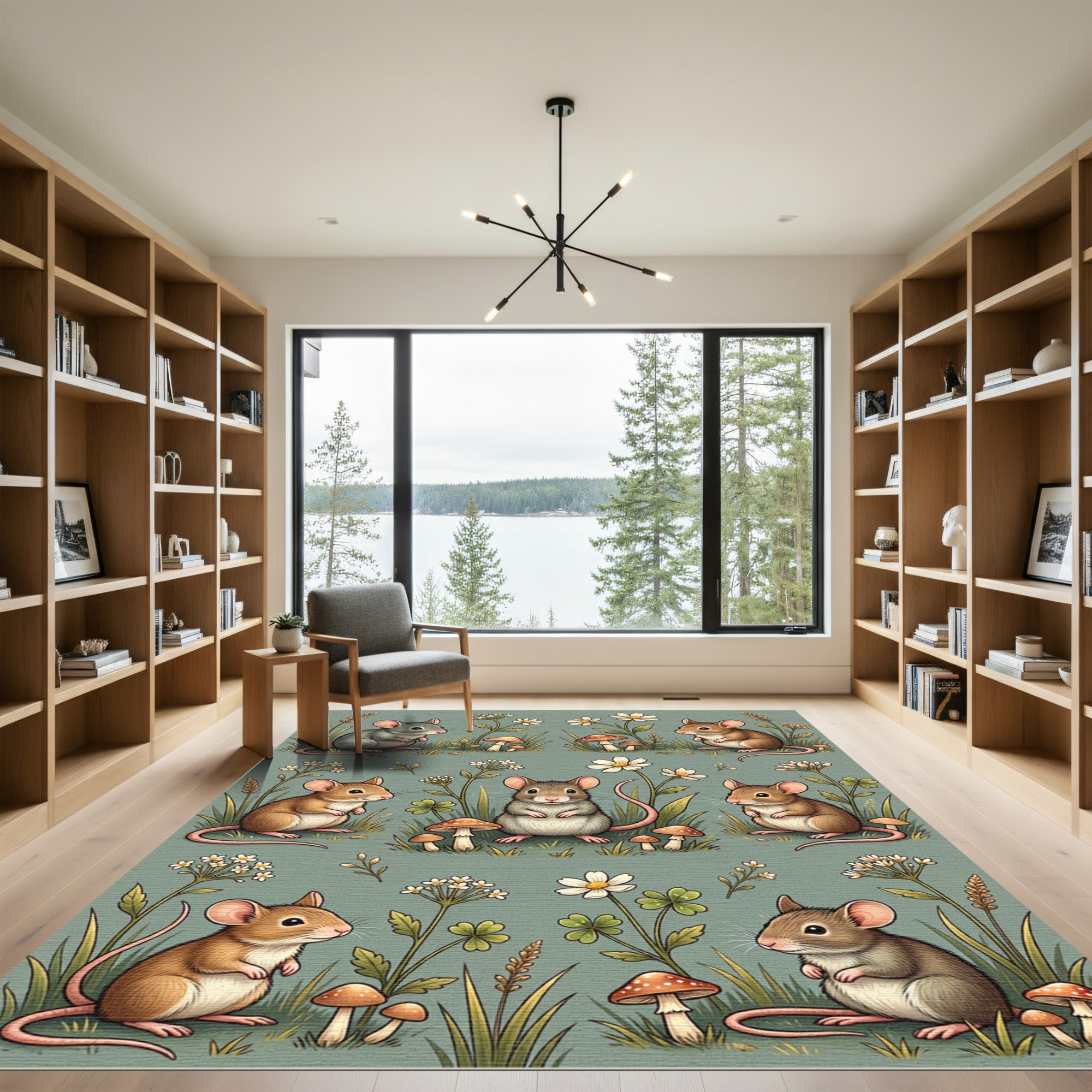 Whimsical Sage Mouse and Mushroom Garden Rug
