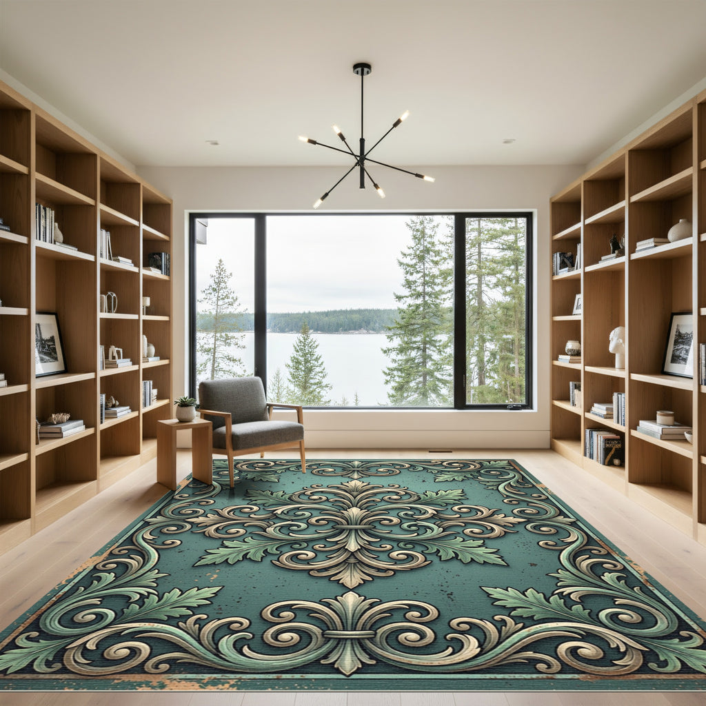 Elegant Teal Acanthus Scrollwork Medallion Rug